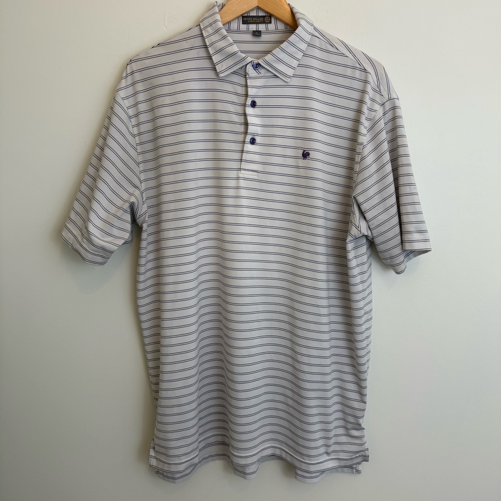 Peter‎ Millar Summer Comfort Golf Performance Polo Shirt L White Blue Pinstipe